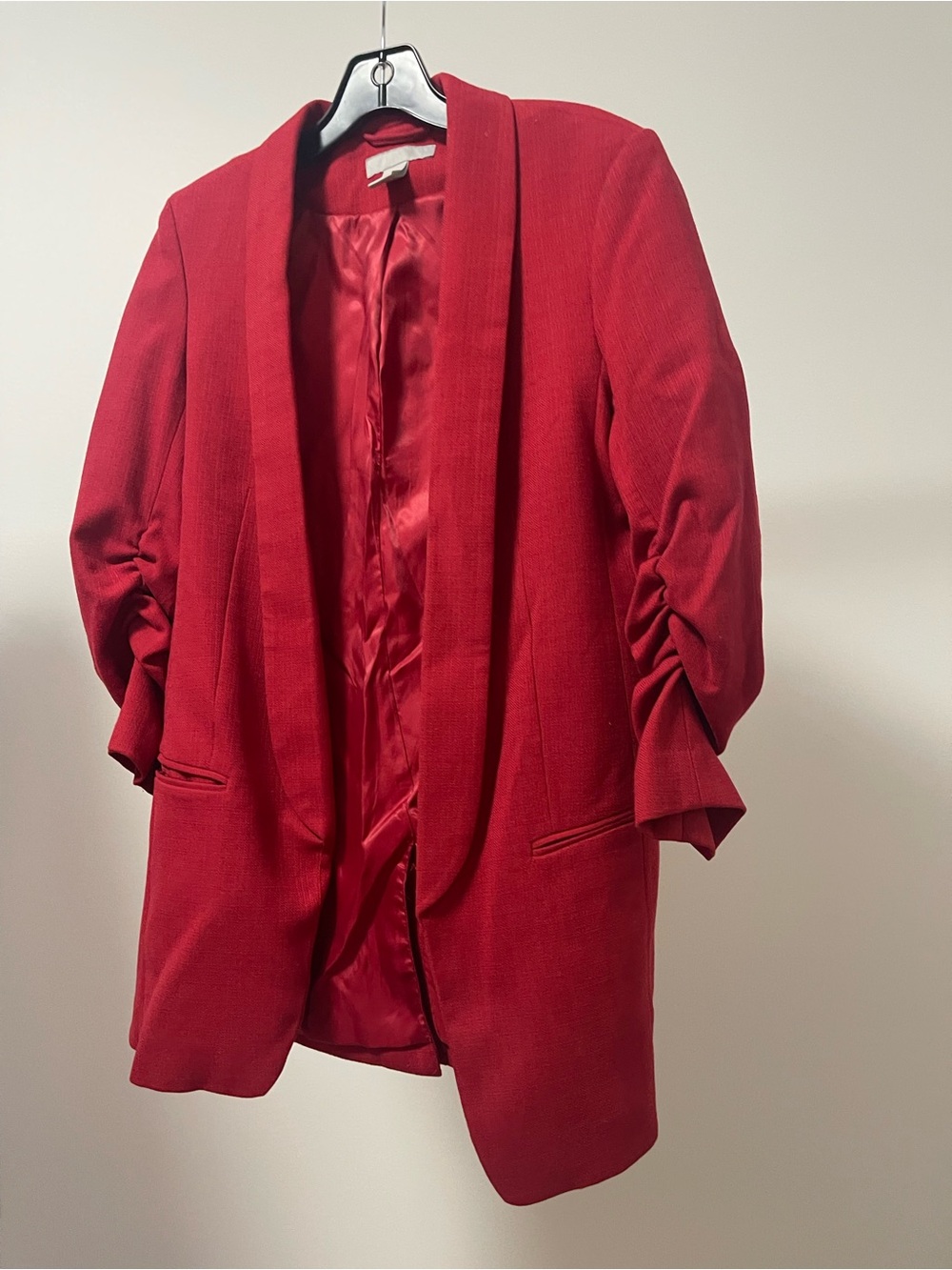 H&M Red Open-Front Ruched-Sleeve Blazer